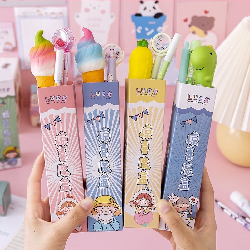 Cuki kreatív meglepetés blind-box tolltartó szett gyerekeknek — kiváló minőségű gél tollak