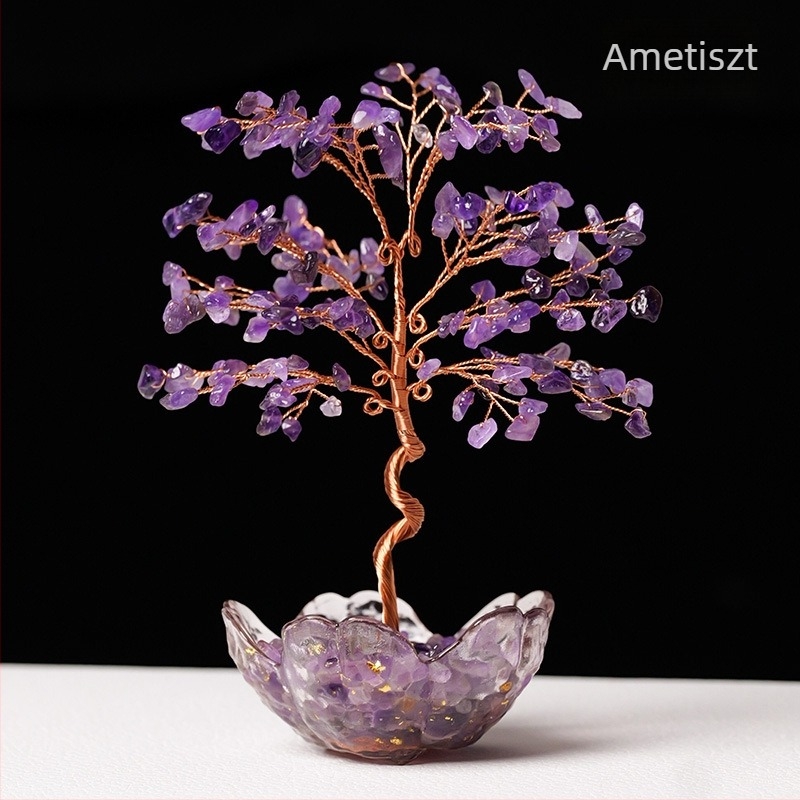 Természetes ametiszt kristályszemcsék, cseresznyefa virágával díszített tálbázis, szerencsefa, kézzel szőtt, modern kínai stílusú otthoni és irodai asztali dísz