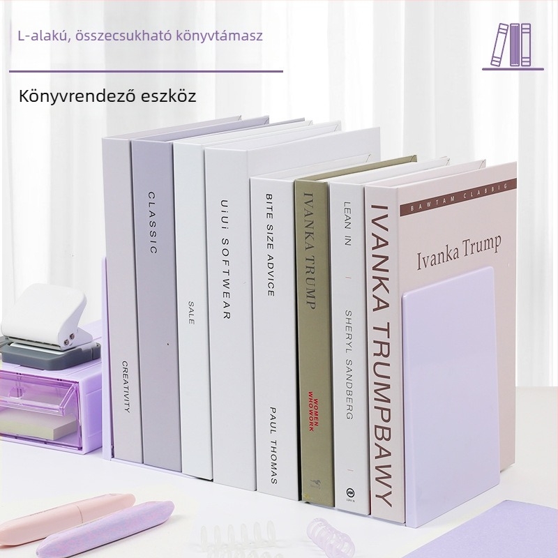 Összecsukható L-alakú könyvtartó – kompakt asztali tartó könyvekhez