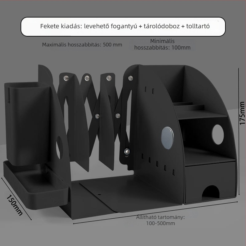 Többfunkciós perforált panel könyvállvány kihúzható tárolófiókokkal és állítható könyv-tartóval az íróasztalhoz