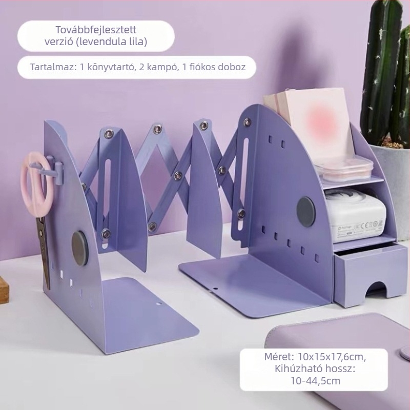 Többfunkciós perforált panel könyvállvány kihúzható tárolófiókokkal és állítható könyv-tartóval az íróasztalhoz
