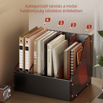 Átlátszó akrilból készült asztali könyvállvány négy rekesszel, kompakt könyvespolc és iratrendező a munkahelyre