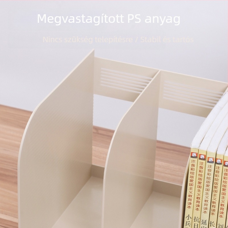 Műanyag asztali iratrendező A4-es dokumentumokhoz, integrált háromrészes könyvállvány és tároló