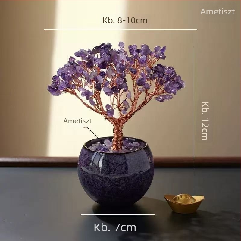 Ametiszt kristály bőségfája otthonra — asztali dekoráció, lakásavató ajándék.