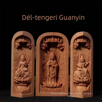 Teakfa és szantálfa faragott Buddha-szobor rekesszel, kínai dísz