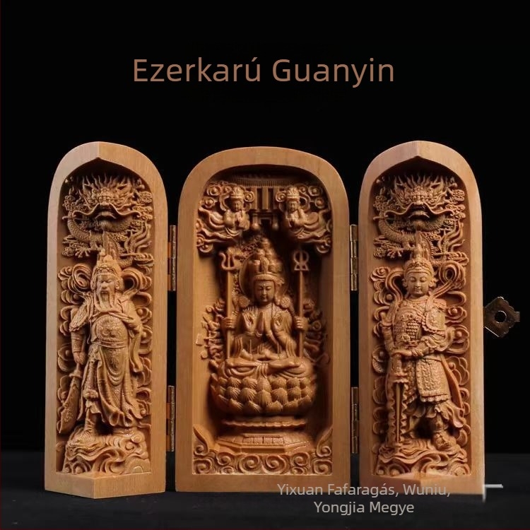 Teakfa és szantálfa faragott Buddha-szobor rekesszel, kínai dísz