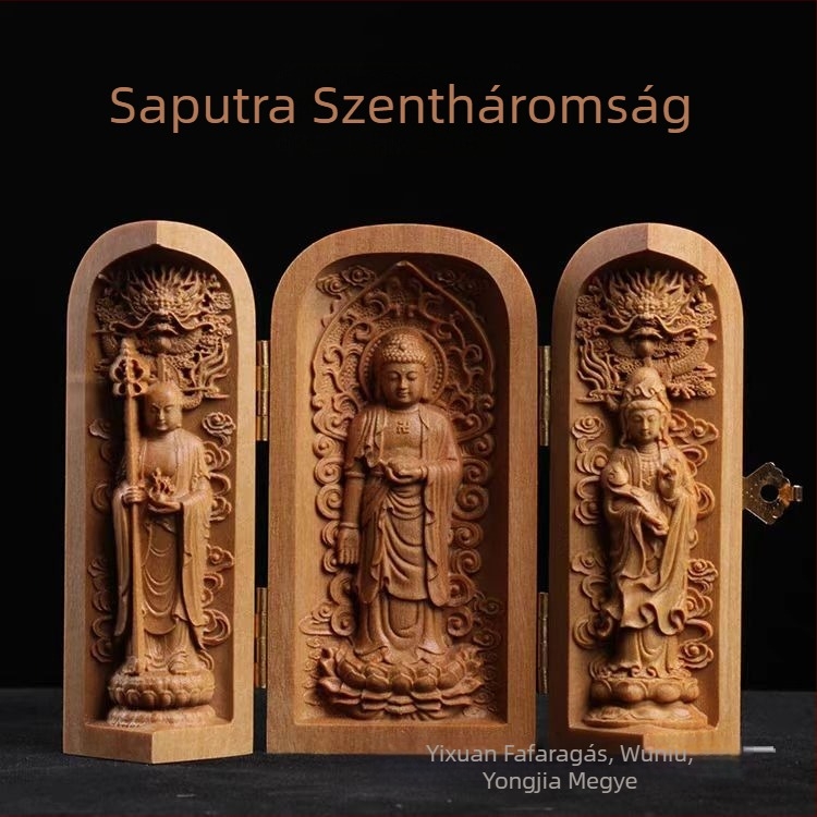 Teakfa és szantálfa faragott Buddha-szobor rekesszel, kínai dísz