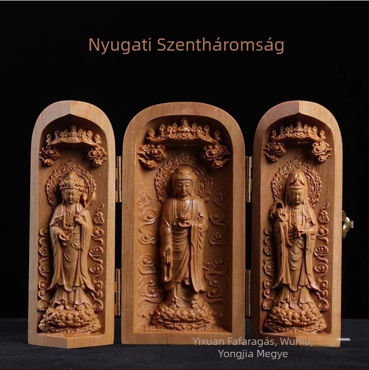 Teakfa és szantálfa faragott Buddha-szobor rekesszel, kínai dísz
