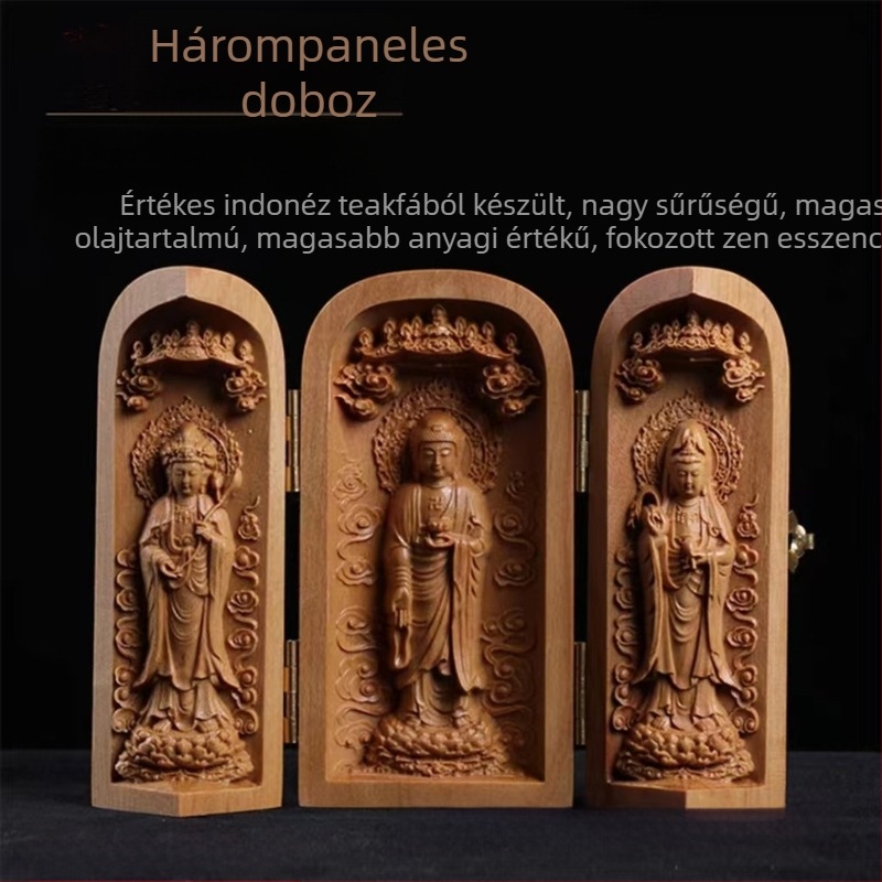 Teakfa és szantálfa faragott Buddha-szobor rekesszel, kínai dísz