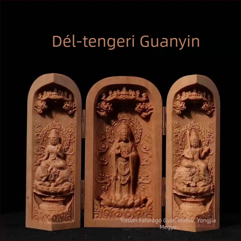 Teakfa és szantálfa faragott Buddha-szobor rekesszel, kínai dísz