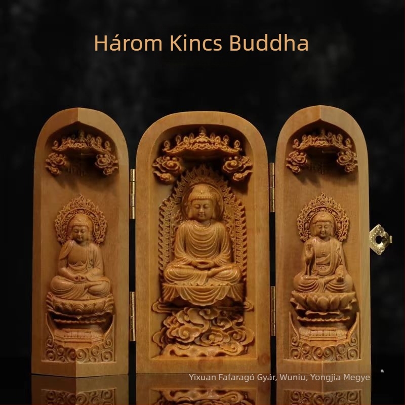 Teakfa és szantálfa faragott Buddha-szobor rekesszel, kínai dísz