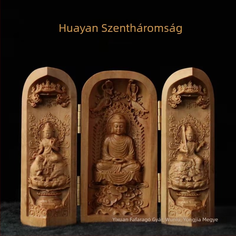 Teakfa és szantálfa faragott Buddha-szobor rekesszel, kínai dísz
