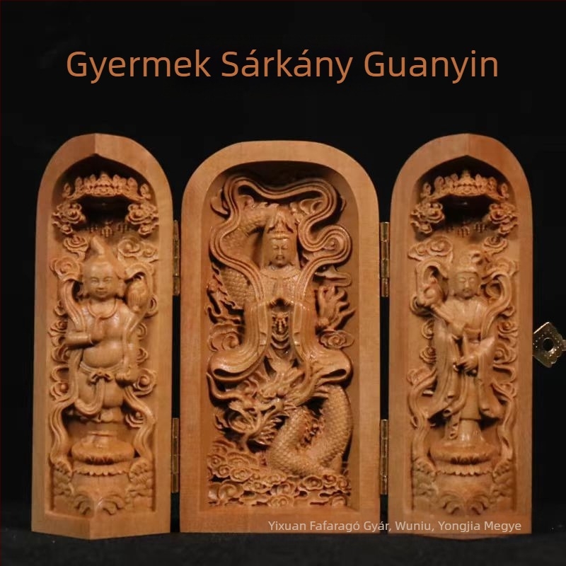 Teakfa és szantálfa faragott Buddha-szobor rekesszel, kínai dísz