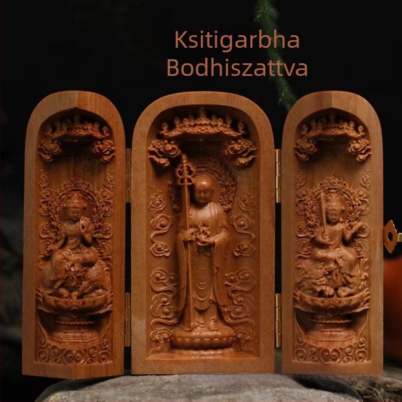 Teakfa és szantálfa faragott Buddha-szobor rekesszel, kínai dísz
