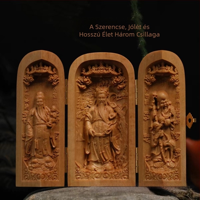 Teakfa és szantálfa faragott Buddha-szobor rekesszel, kínai dísz