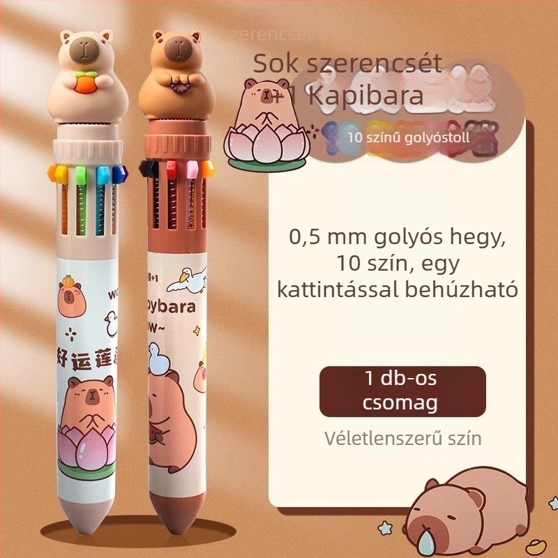 Kedves capybara tízszínű nyomógombos golyóstoll jegyzeteléshez és rajzoláshoz