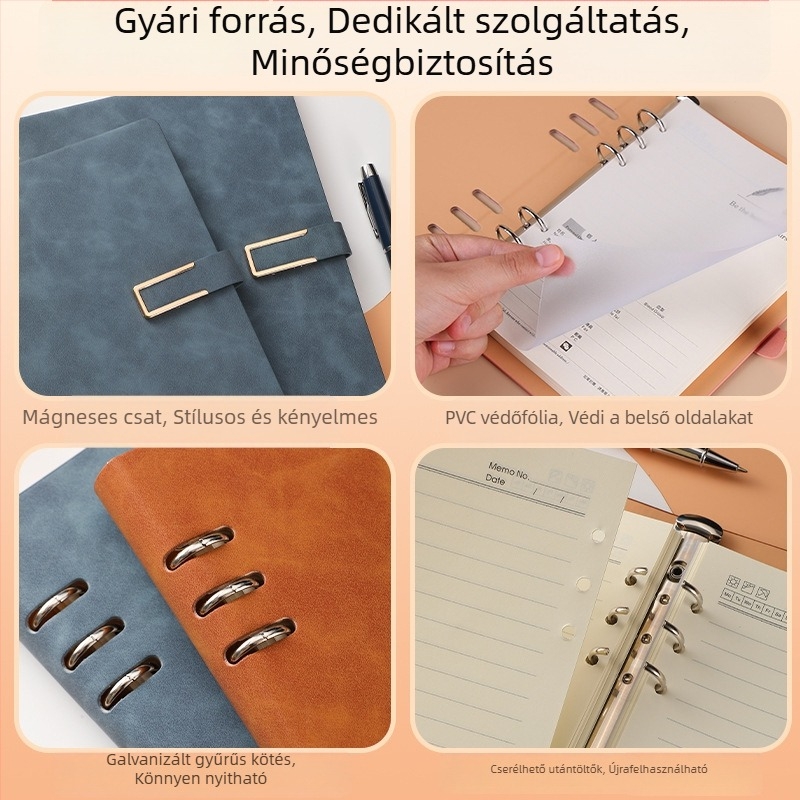 A5/B5 lazán listázott notesz fém mágneses zárval, leválasztható, 6- vagy 9-lyukas levélcseréhez, minimalist stílus