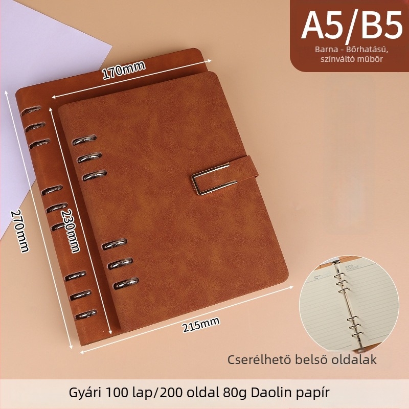 A5/B5 lazán listázott notesz fém mágneses zárval, leválasztható, 6- vagy 9-lyukas levélcseréhez, minimalist stílus