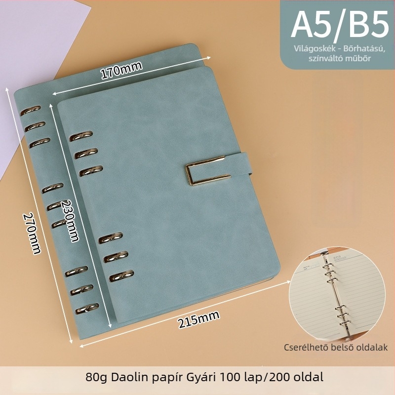 A5/B5 lazán listázott notesz fém mágneses zárval, leválasztható, 6- vagy 9-lyukas levélcseréhez, minimalist stílus
