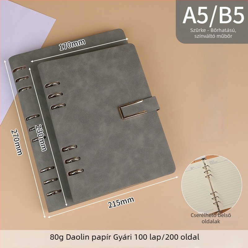 A5/B5 lazán listázott notesz fém mágneses zárval, leválasztható, 6- vagy 9-lyukas levélcseréhez, minimalist stílus