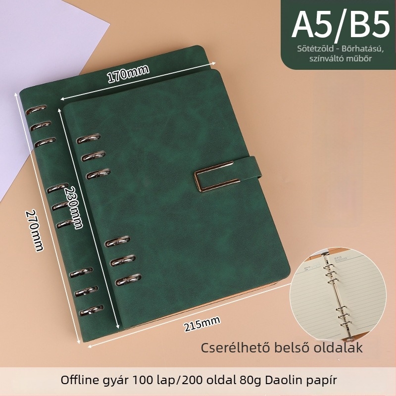 A5/B5 lazán listázott notesz fém mágneses zárval, leválasztható, 6- vagy 9-lyukas levélcseréhez, minimalist stílus