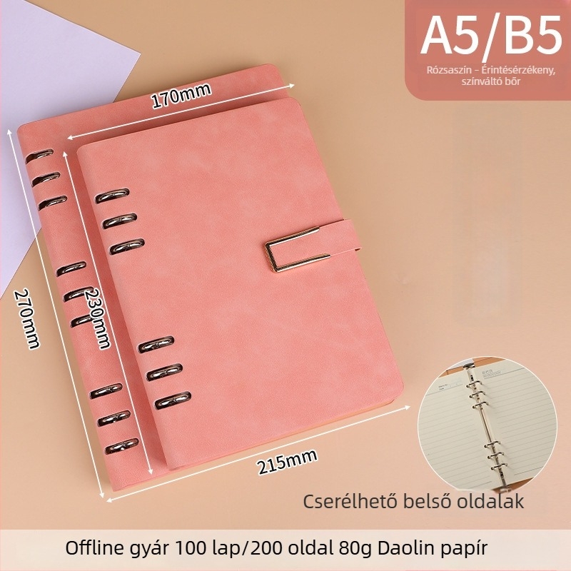 A5/B5 lazán listázott notesz fém mágneses zárval, leválasztható, 6- vagy 9-lyukas levélcseréhez, minimalist stílus