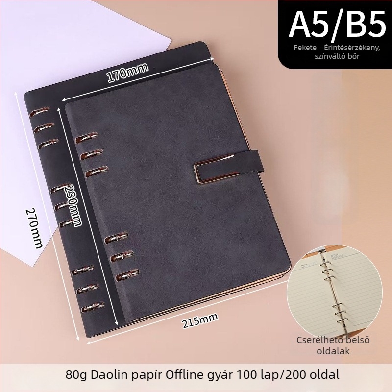 A5/B5 lazán listázott notesz fém mágneses zárval, leválasztható, 6- vagy 9-lyukas levélcseréhez, minimalist stílus