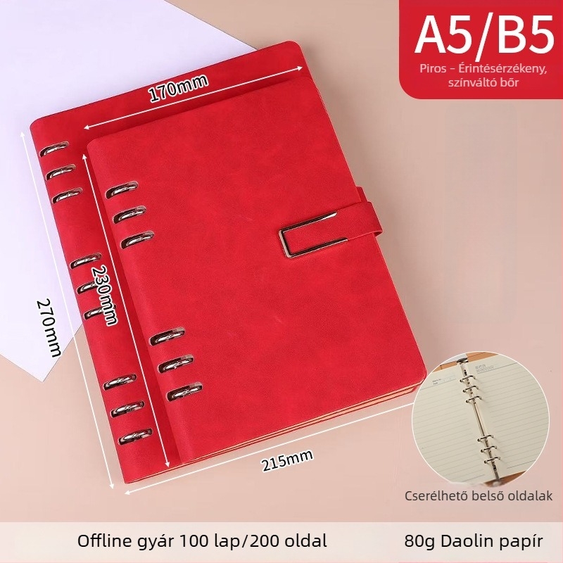 A5/B5 lazán listázott notesz fém mágneses zárval, leválasztható, 6- vagy 9-lyukas levélcseréhez, minimalist stílus