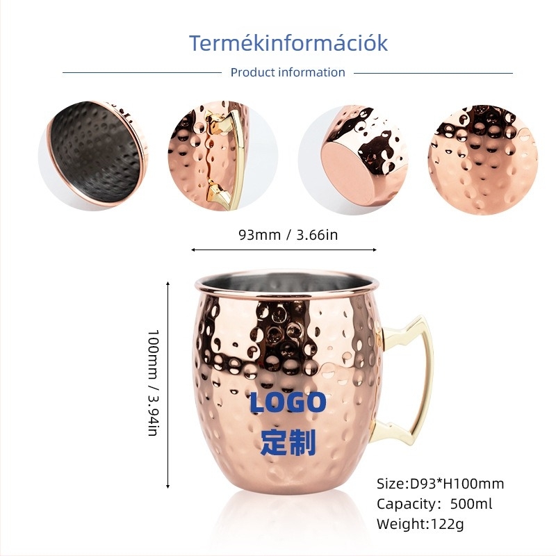 Rézbevonatos Moscow Mule bögre, rozsdamentes acélból készült koktél pohár 400–500 ml