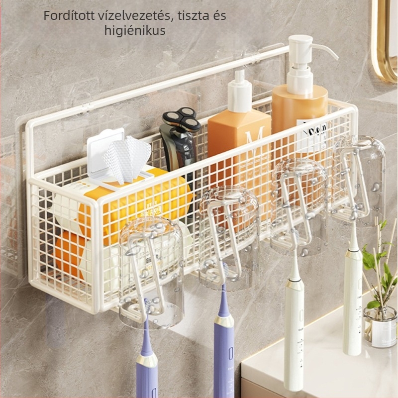 Fali fogkefetartó porvédővel, fúrás nélkül, fürdőszobai rendező a fogkefékhez, fogkrémhez és pohár öblítéshez