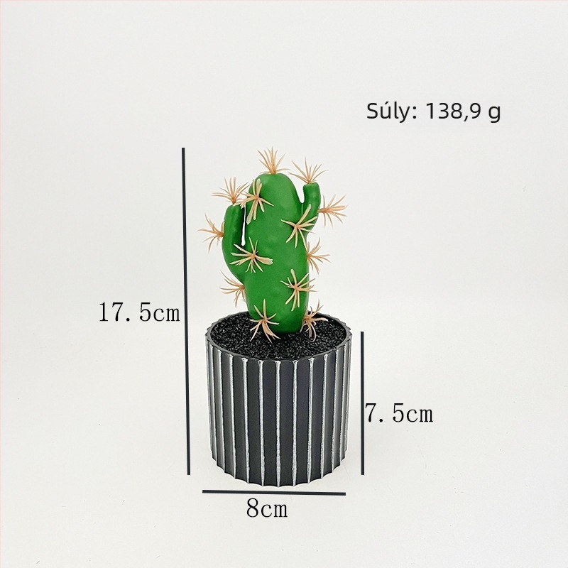 Fekete hordó alakú cserépben található mű kaktusz — irodai asztali dekoráció, mini szukkulens bonsai.