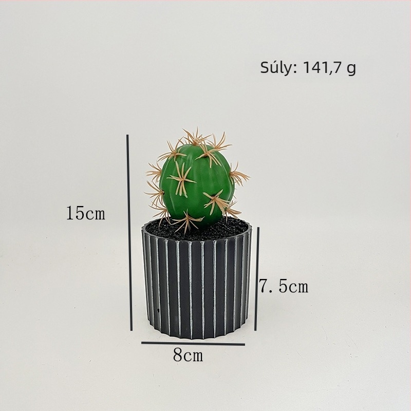 Fekete hordó alakú cserépben található mű kaktusz — irodai asztali dekoráció, mini szukkulens bonsai.
