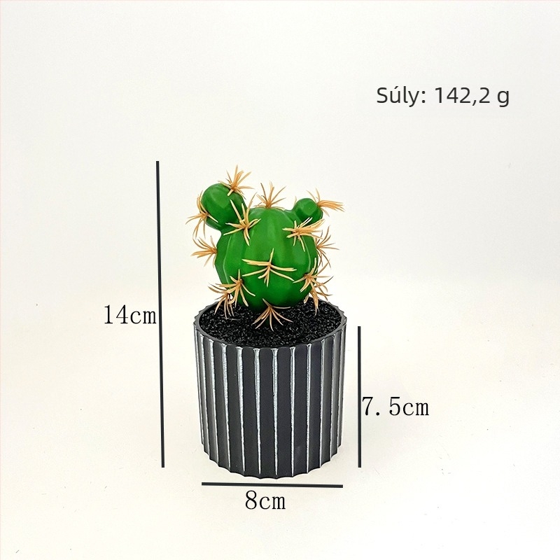 Fekete hordó alakú cserépben található mű kaktusz — irodai asztali dekoráció, mini szukkulens bonsai.