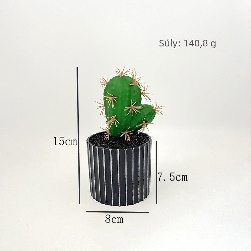 Fekete hordó alakú cserépben található mű kaktusz — irodai asztali dekoráció, mini szukkulens bonsai.