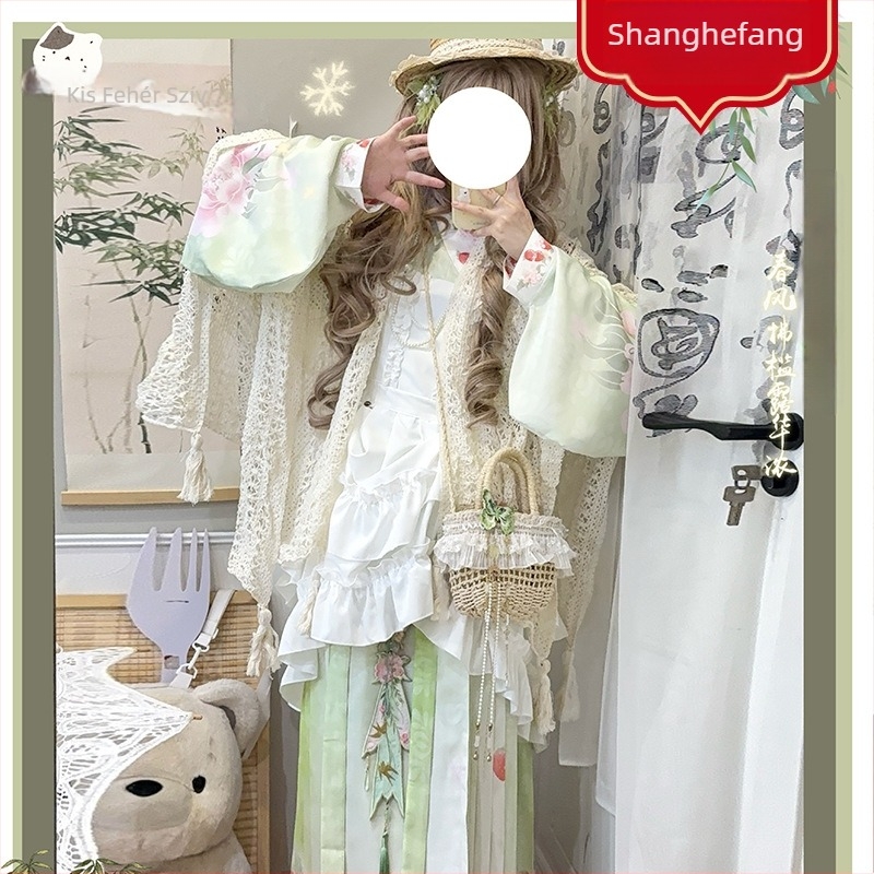 Hanfu nőknek kínai–nyugati stílusú fúzióval, Pipa ujjú, Mamian szoknya és Lolita fedőszoknya, mindennapi viselethez, aranyos stílus