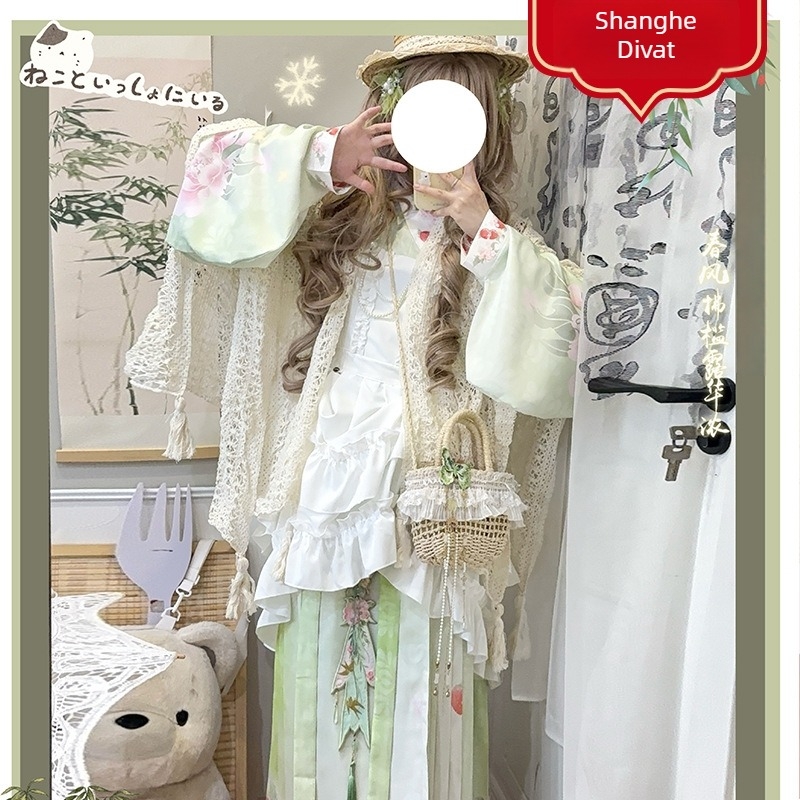 Hanfu nőknek kínai–nyugati stílusú fúzióval, Pipa ujjú, Mamian szoknya és Lolita fedőszoknya, mindennapi viselethez, aranyos stílus