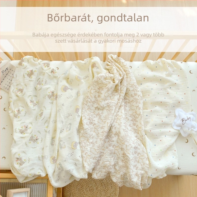 Újszülött baba – matracvédő és lepedő 100% pamut géz anyagból, négy évszakos patchwork ágynemű készlet