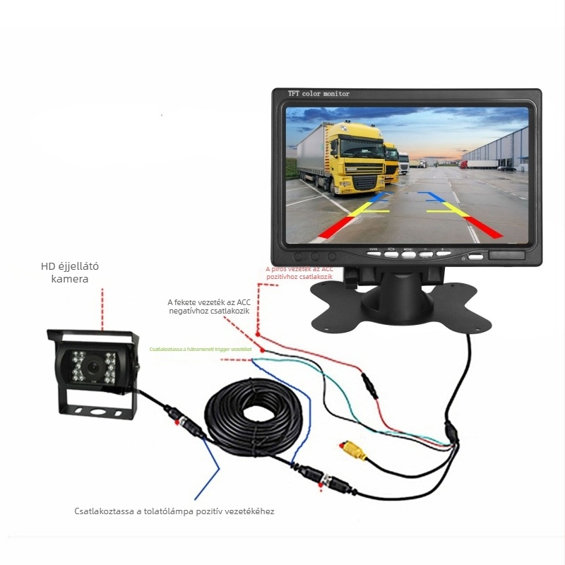 7 hüvelykes HD járműkijelző, hátrameneti monitor, teherautó videóbemenet