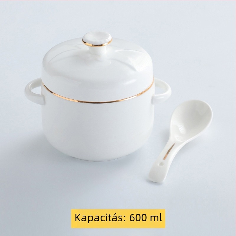 Aranyszegélyes kerámia vízfürdős edény dupla fedéllel és dupla füllel, madárfészek leveses tál és párolt tojásos tál, háztartási használatra