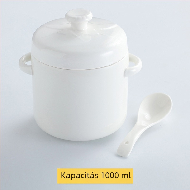 Aranyszegélyes kerámia vízfürdős edény dupla fedéllel és dupla füllel, madárfészek leveses tál és párolt tojásos tál, háztartási használatra