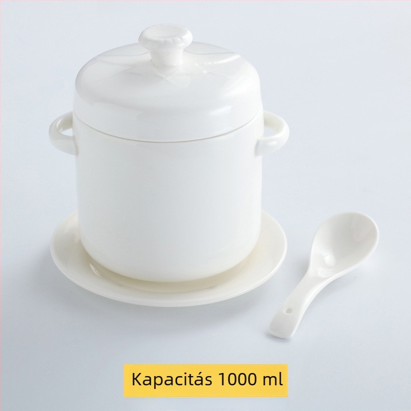 Aranyszegélyes kerámia vízfürdős edény dupla fedéllel és dupla füllel, madárfészek leveses tál és párolt tojásos tál, háztartási használatra