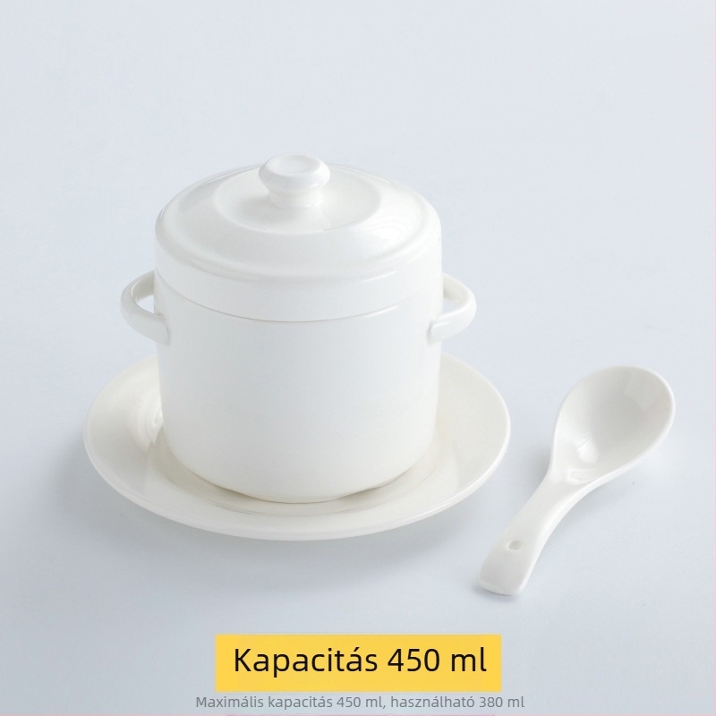 Aranyszegélyes kerámia vízfürdős edény dupla fedéllel és dupla füllel, madárfészek leveses tál és párolt tojásos tál, háztartási használatra
