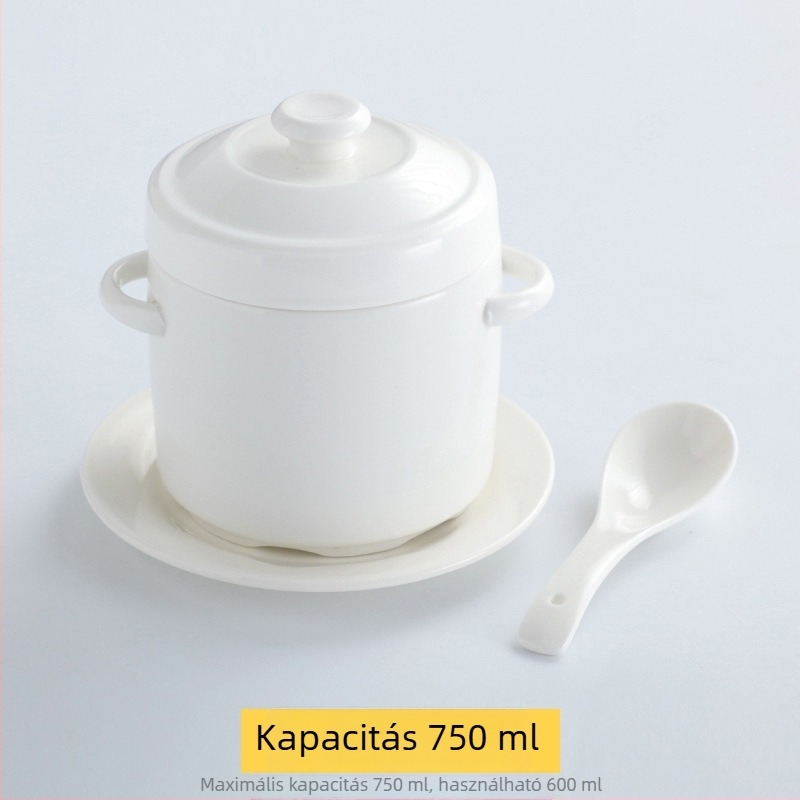 Aranyszegélyes kerámia vízfürdős edény dupla fedéllel és dupla füllel, madárfészek leveses tál és párolt tojásos tál, háztartási használatra