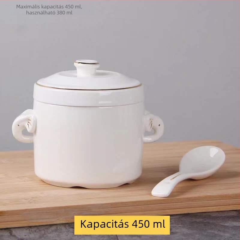 Aranyszegélyes kerámia vízfürdős edény dupla fedéllel és dupla füllel, madárfészek leveses tál és párolt tojásos tál, háztartási használatra