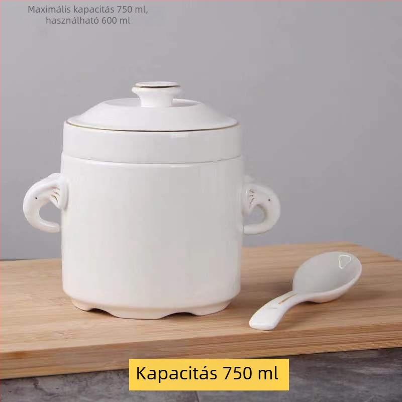 Aranyszegélyes kerámia vízfürdős edény dupla fedéllel és dupla füllel, madárfészek leveses tál és párolt tojásos tál, háztartási használatra