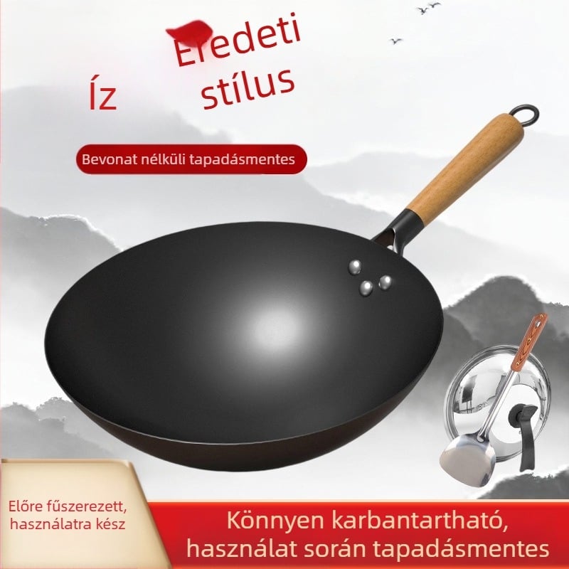 Tradicionális vas wok bevonat nélküli, rozsdamentes acélból, gáztűzhelyhez, átmérő 30–36 cm