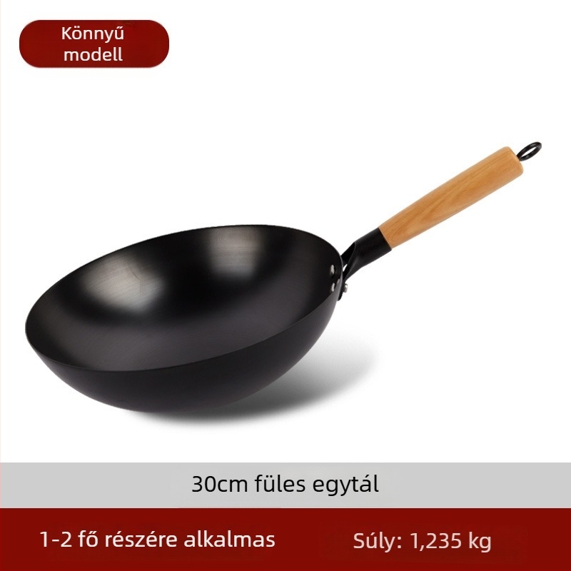 Tradicionális vas wok bevonat nélküli, rozsdamentes acélból, gáztűzhelyhez, átmérő 30–36 cm