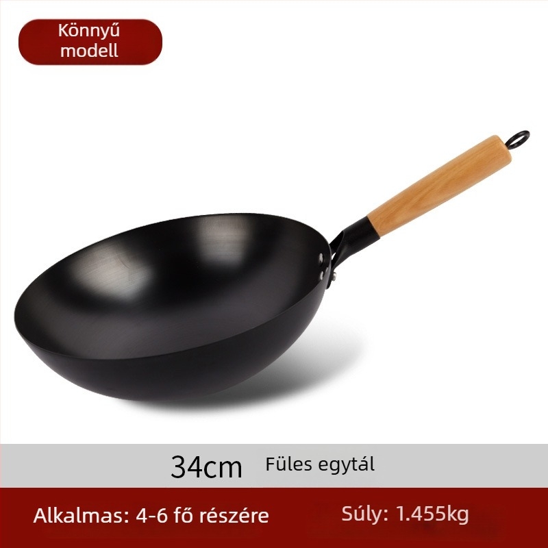 Tradicionális vas wok bevonat nélküli, rozsdamentes acélból, gáztűzhelyhez, átmérő 30–36 cm