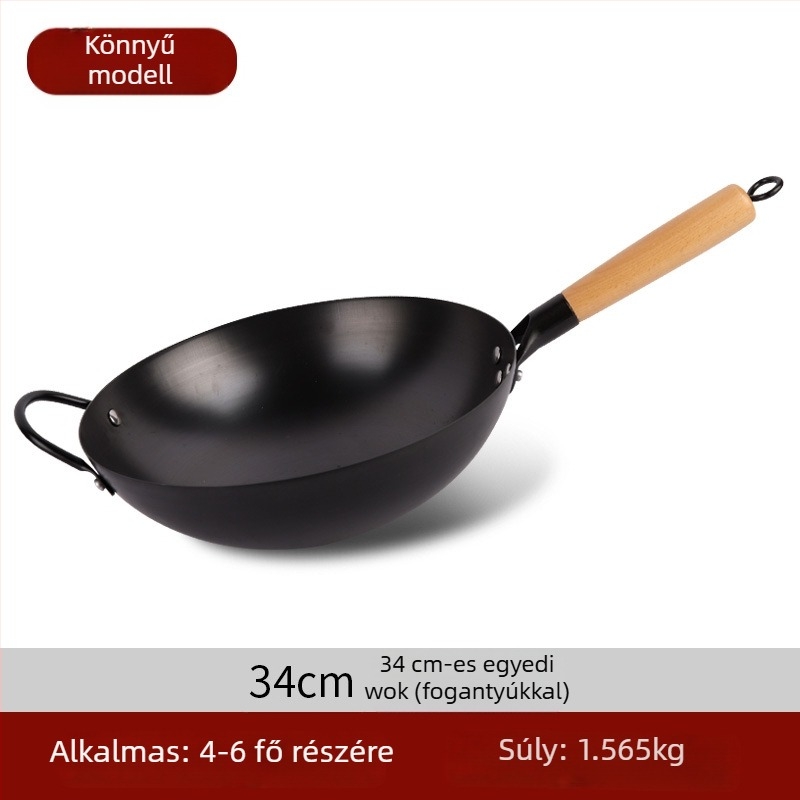 Tradicionális vas wok bevonat nélküli, rozsdamentes acélból, gáztűzhelyhez, átmérő 30–36 cm