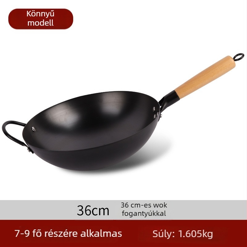 Tradicionális vas wok bevonat nélküli, rozsdamentes acélból, gáztűzhelyhez, átmérő 30–36 cm